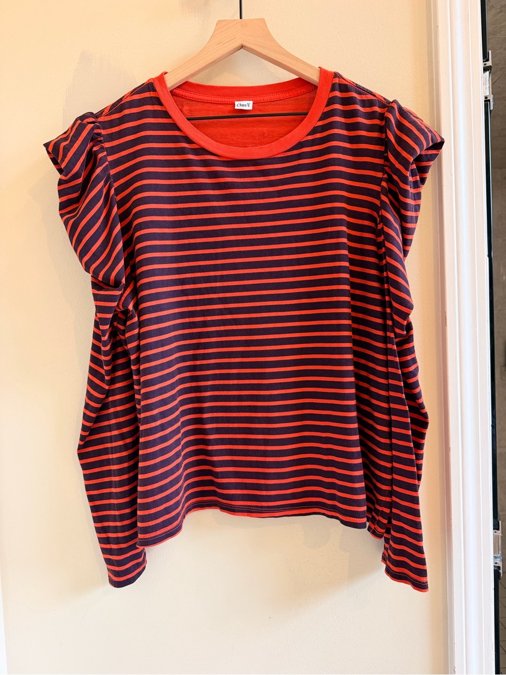 Clare V Le Puff Longsleeve Tee - Navy & Poppy Stripe original $165
